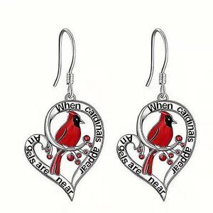 Silver Heart Shaped CARDINAL Christmas Dangle Earrings